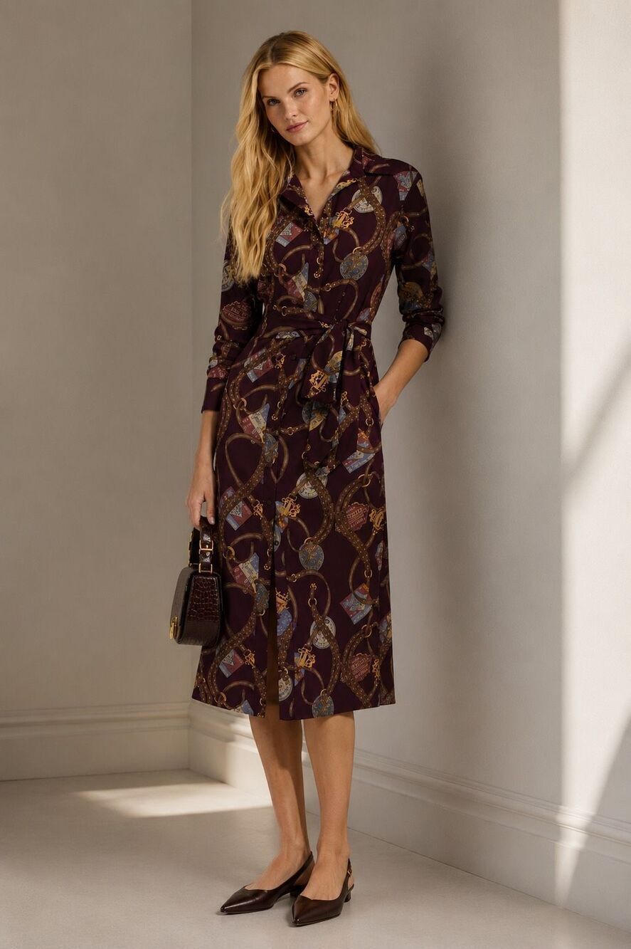 Lauren Ralph Lauren Equestrian Chain Print Belted Midi Shirt Dress, $325 Sz 4